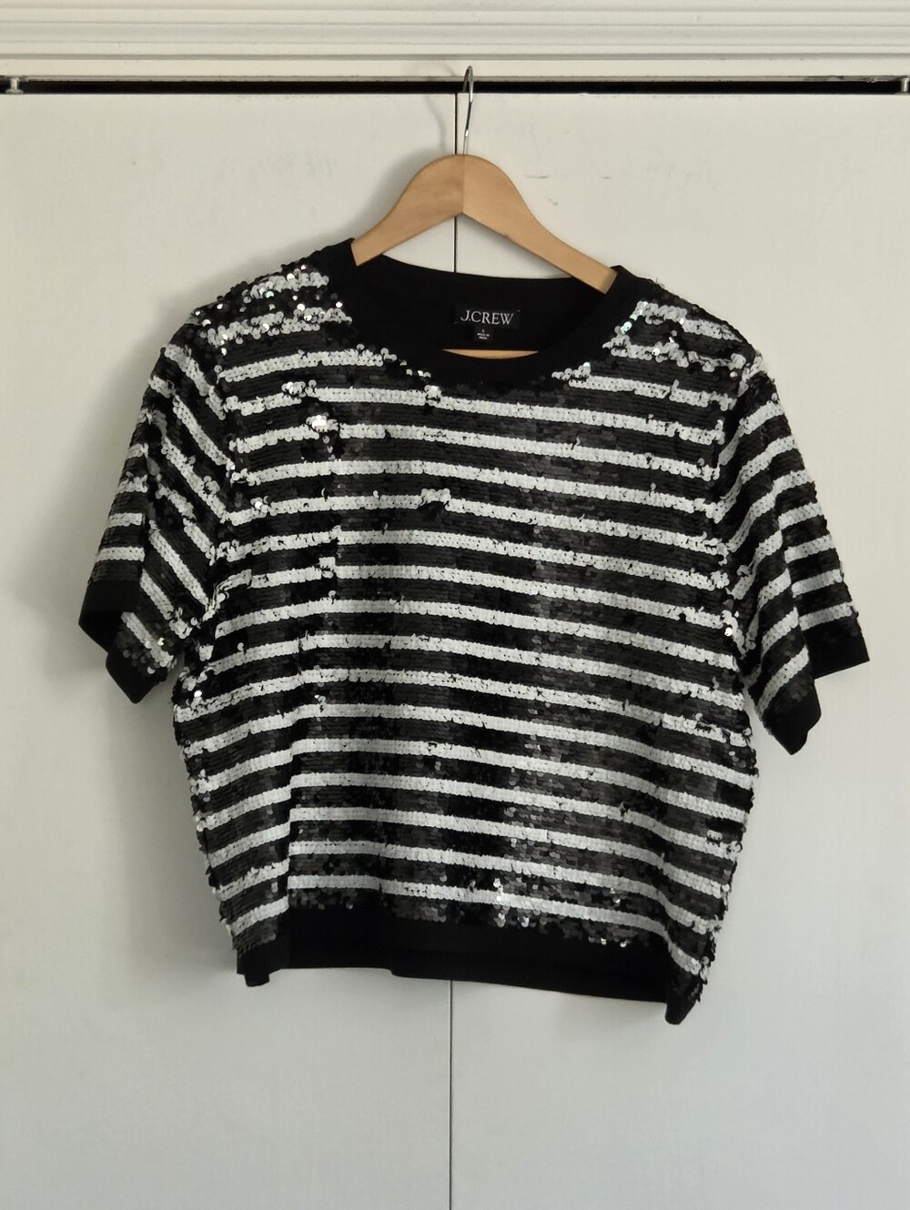J. Crew Black and Silver Sequin Striped Short Sleeve Top